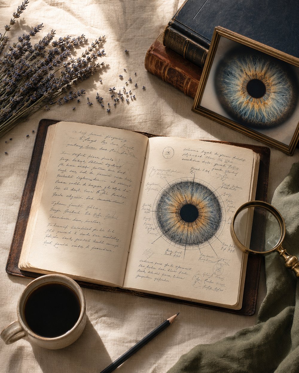 Iridology study journal with handwritten notes and framed iris photograph